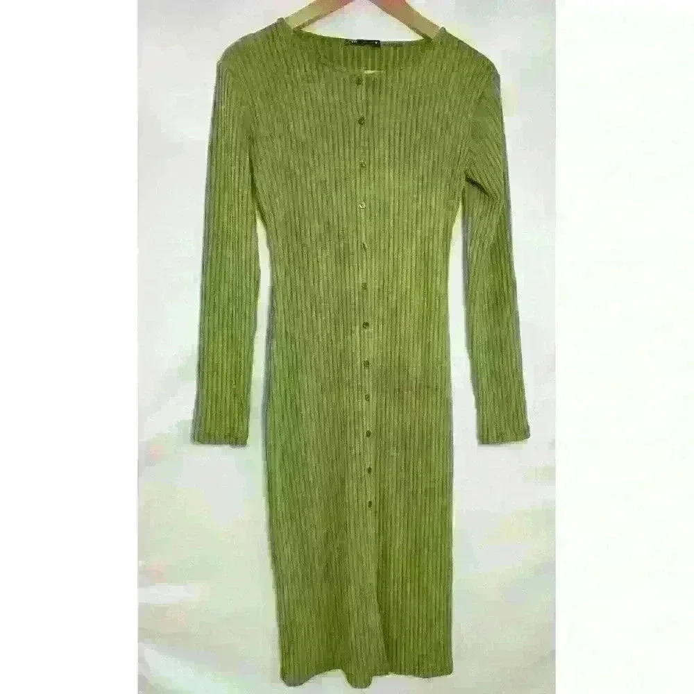 Zara Women’s Olive Green Ribbed Button-Front Midi Dress - Picture 7 of 13